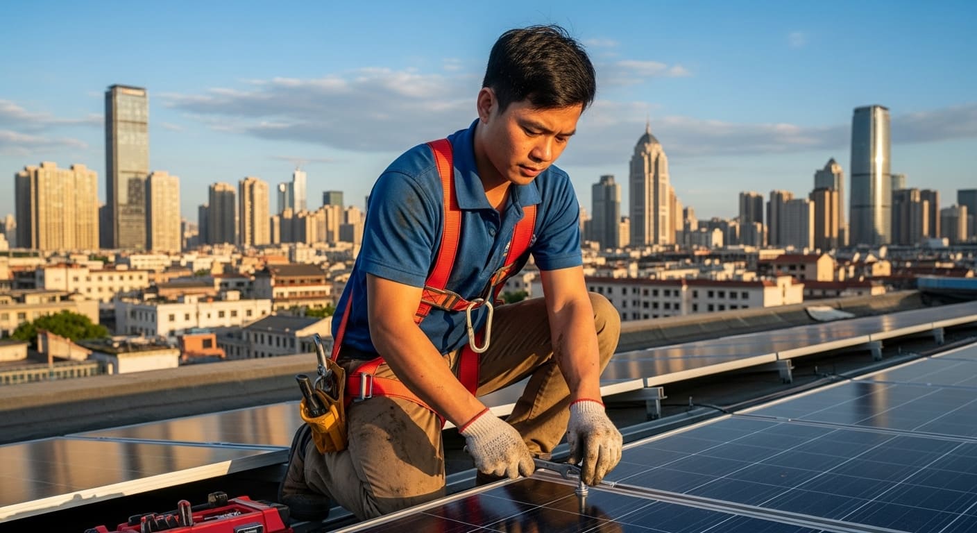 Công nhân lắp đặt hệ thống điện mặt trời mái nhà ở Trung Quốc
