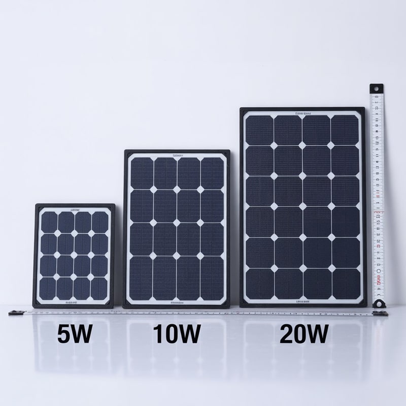 So-sánh-kích-thước-các-loại-pin-năng-lượng-mặt-trời-mini-5W,-10W,-20W