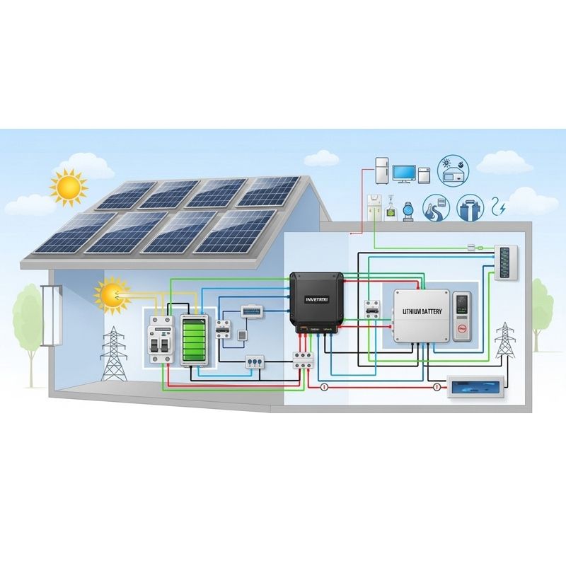 Sơ đồ hoạt động của hệ thống điện năng lượng mặt trời gia đình