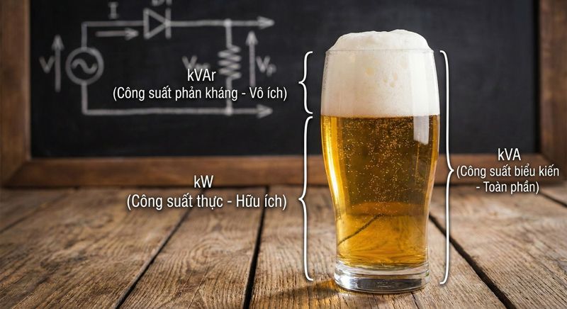 Hình ảnh ẩn dụ về ly bia giúp giải thích mối quan hệ giữa kW, kVAr và kVA