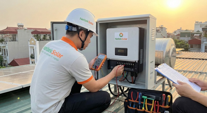 Kỹ thuật viên NettekSolar kiểm tra kỹ lưỡng các thông số an toàn trước khi bàn giao.