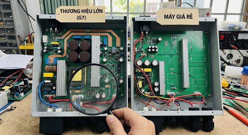 So sánh bo mạch bên trong biến tần thương hiệu lớn thường có linh kiện dày dặn hơn so với máy giá rẻ.