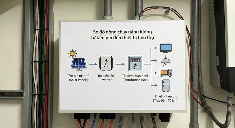 Sơ đồ dòng chảy năng lượng từ tấm pin đến thiết bị tiêu thụ.