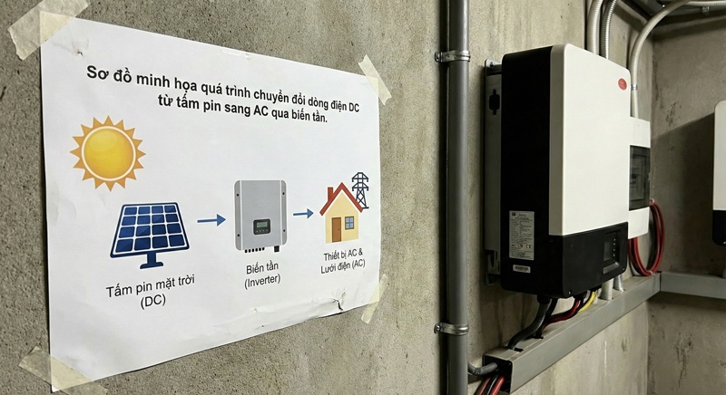 Sơ đồ minh họa quá trình chuyển đổi dòng điện DC từ tấm pin sang AC qua biến tần