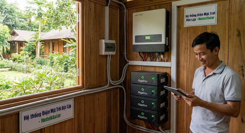 ệ thống Inverter Off-grid và Pin Lithium hoạt động êm ái tại Farmstay