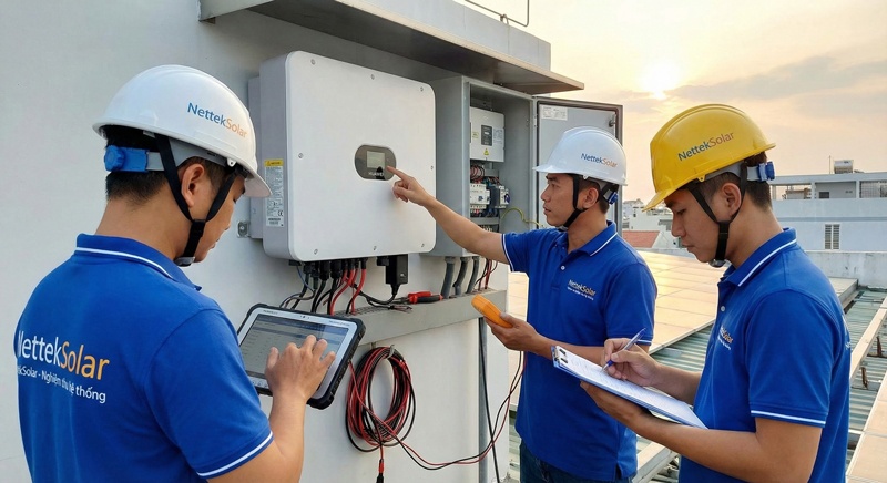 Đội ngũ NettekSolar đang kiểm tra thông số kỹ thuật biến tần trước khi bàn giao.